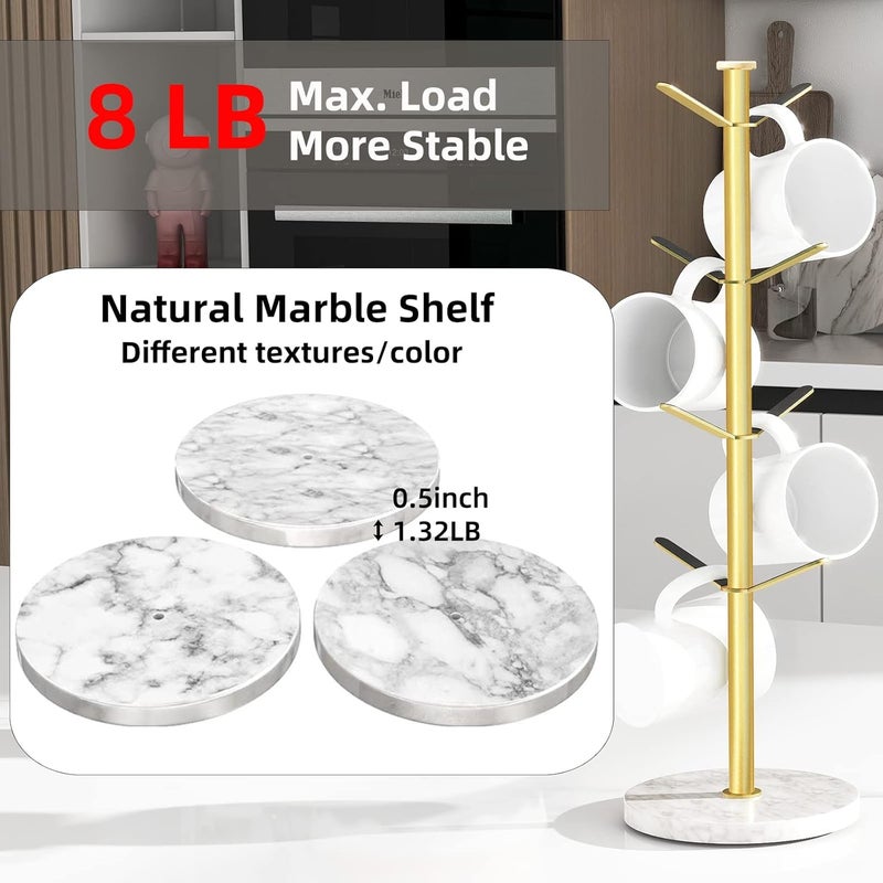 Gypie Gold Mug Holder Tree with Marble Base, 8 Hooks Coffee Cups Holder Stand, New Upgrad Stable Removable Mug Rack for Kitchen Cafe - Image 1
